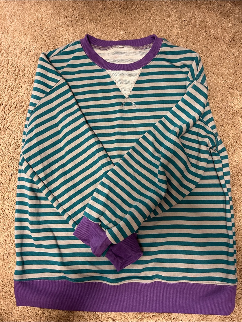 Striped Crewneck Sweater in Teal and White with Purple Trim